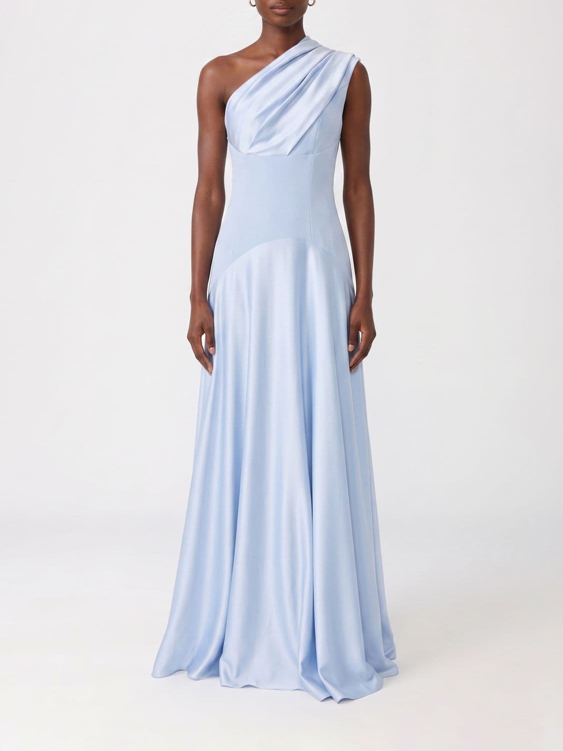 Solace London Gabriela One-Shoulder Draped Satin Long Evening Gown