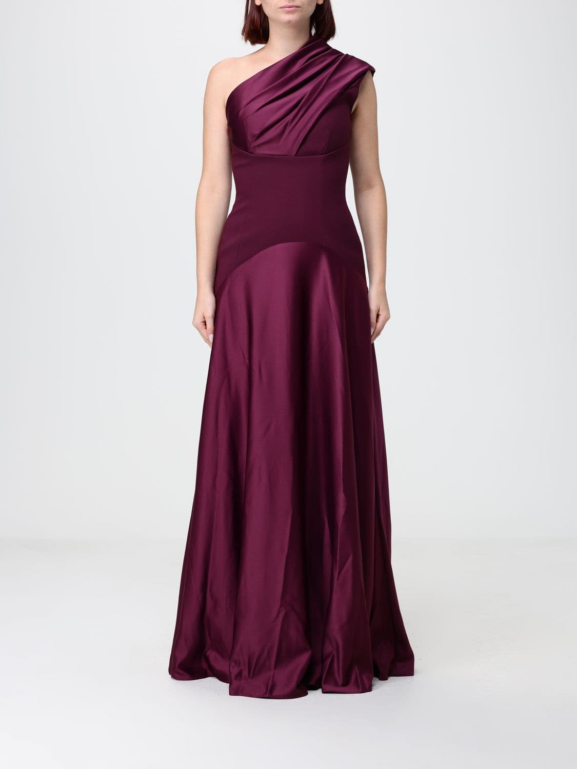 Solace London Gabriela One-Shoulder Draped Satin Long Evening Gown