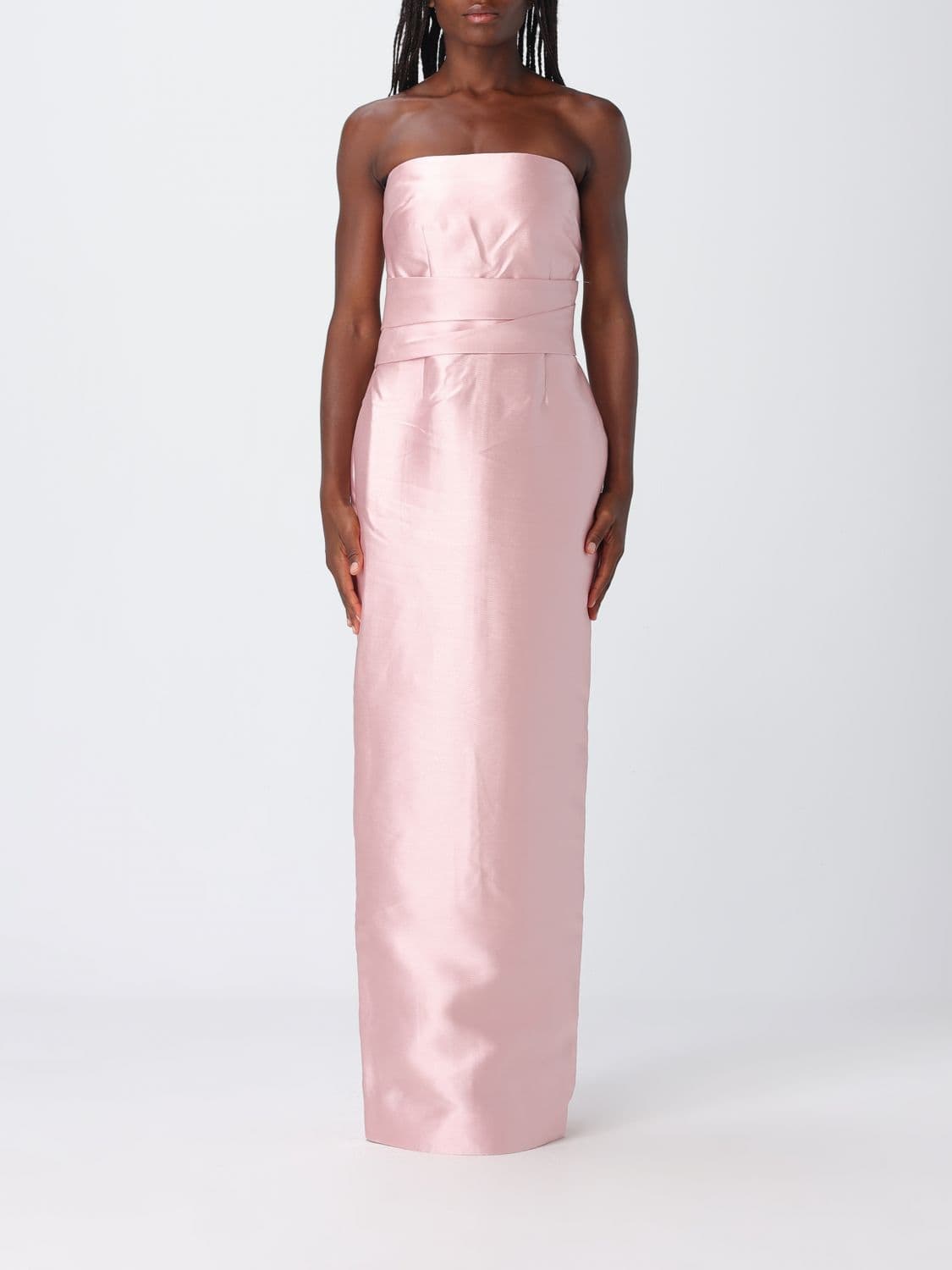Solace London Off-The-Shoulder Satin Long Gown with Slit