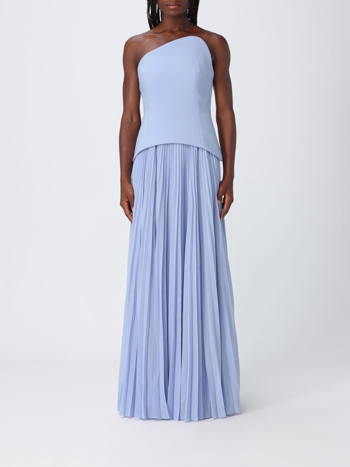 Solace London Pleated Crêpe Long Gown with Asymmetric Neckline