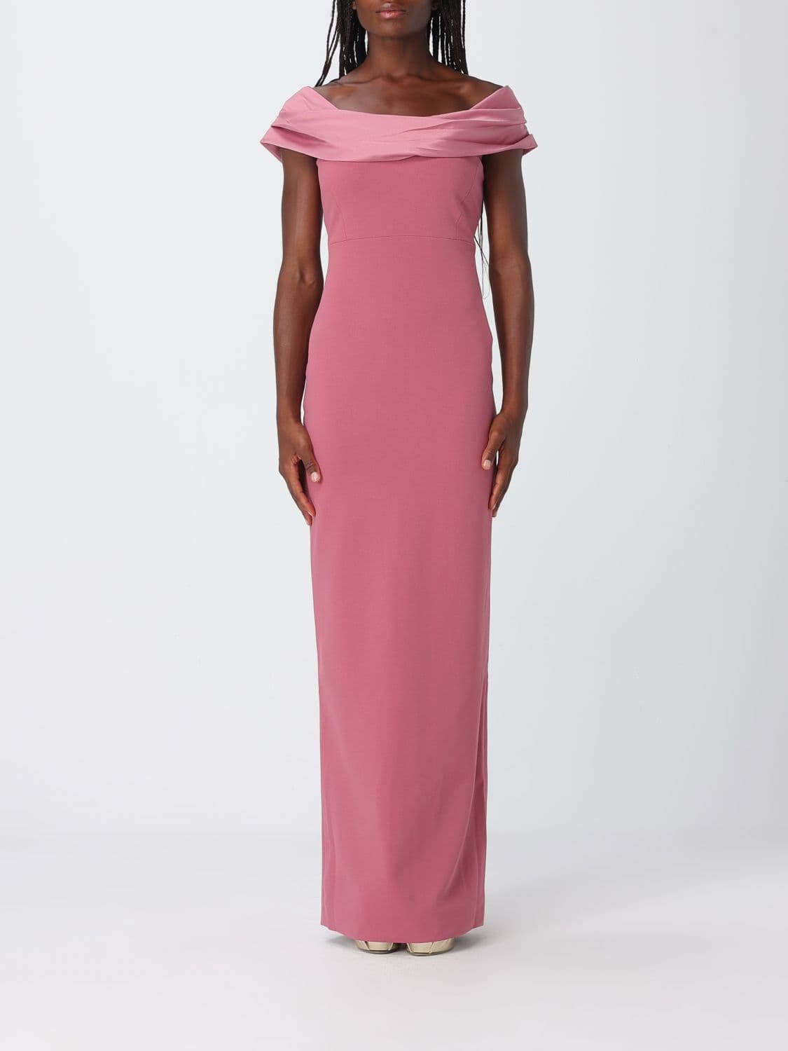 Solace London Adele Off-The-Shoulder Draped Satin Long Evening Gown