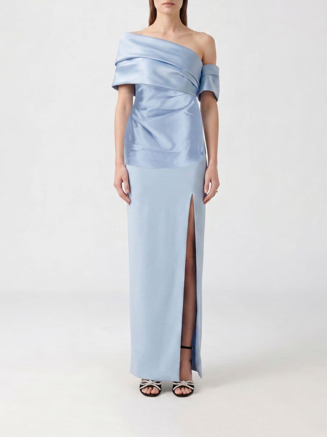 Solace London Asymmetric Off-The-Shoulder Satin Sheath Long Evening Gown