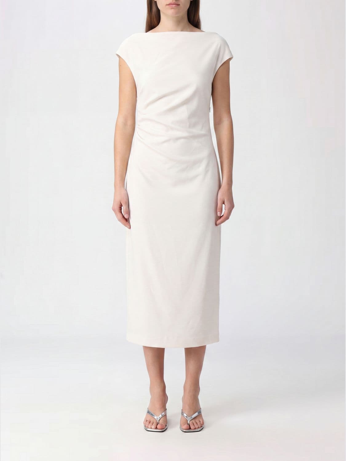 Parosh Sheath Midi Dress P. A.R. O.S. H. in Cady with Straight Neckline and Ruched Waist