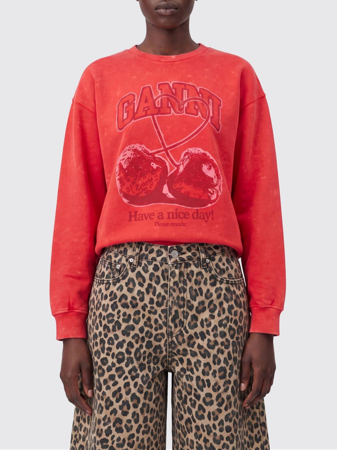 Ganni Cotton Crewneck Sweatshirt with Front Logo and Fruit Print