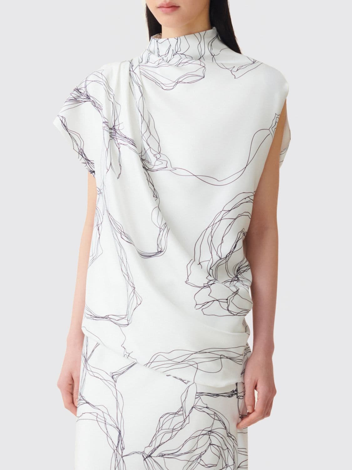 Fabiana Filippi Abstract Print Draped Pure Silk Blouse with a High Neck