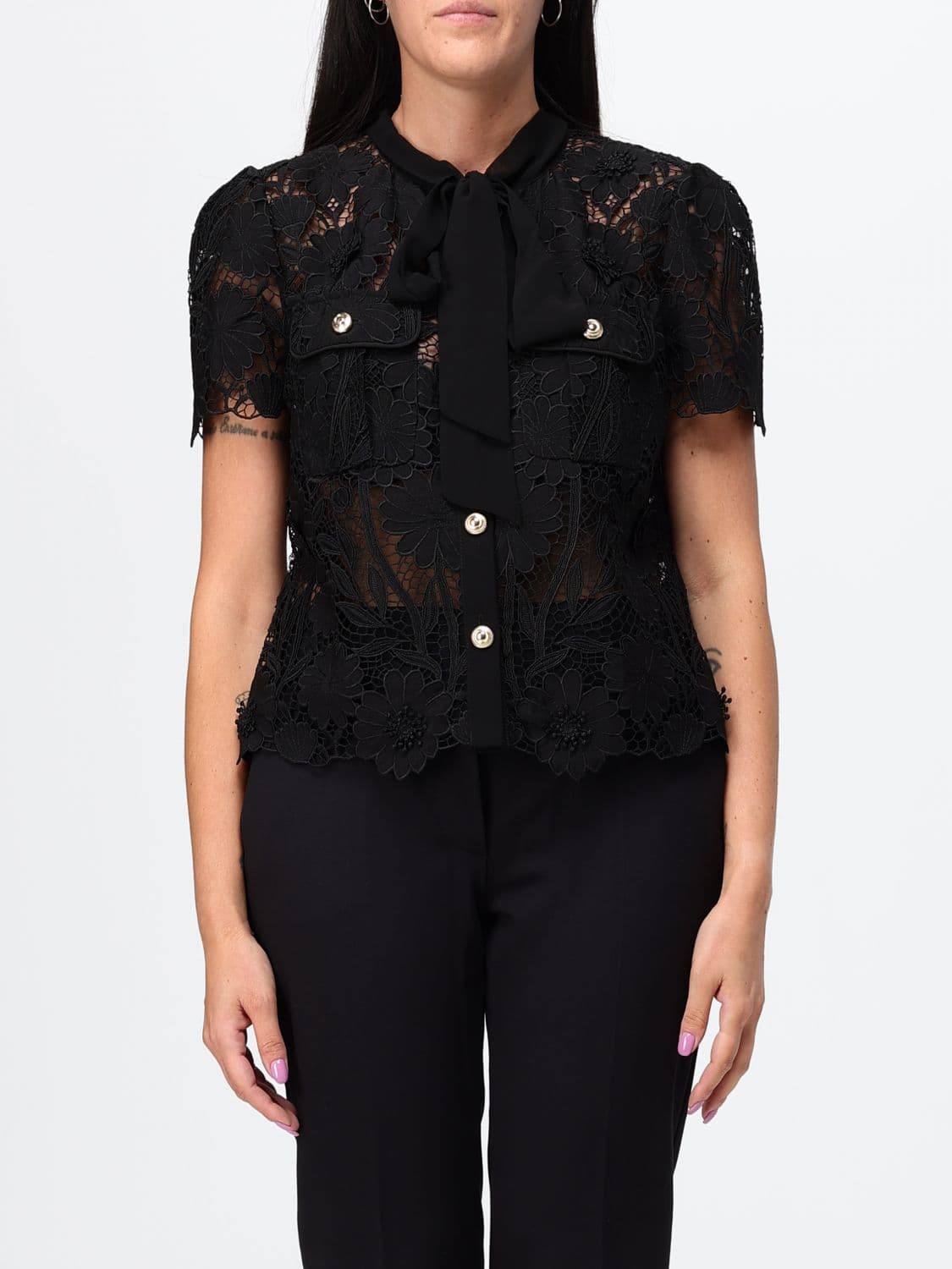 Self-Portrait Sheer Lace Evening Top with Pussy-Bow Collar and Short Sleeves