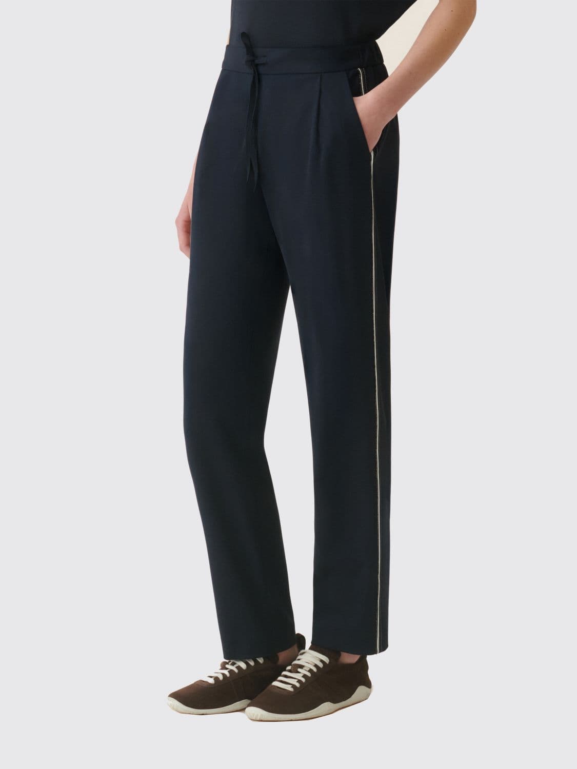 Fabiana Filippi High-Waisted Straight Trousers with Drawstring and Jewel Detail