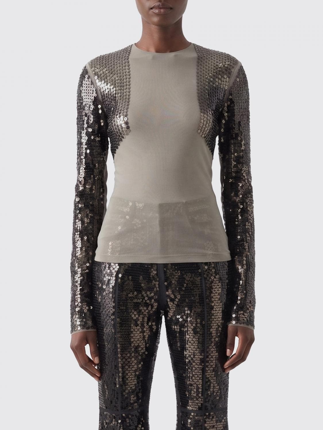 Rick Owens Long-Sleeve Sequin-Embellished Slim Fit Top with Crew Neck · 42