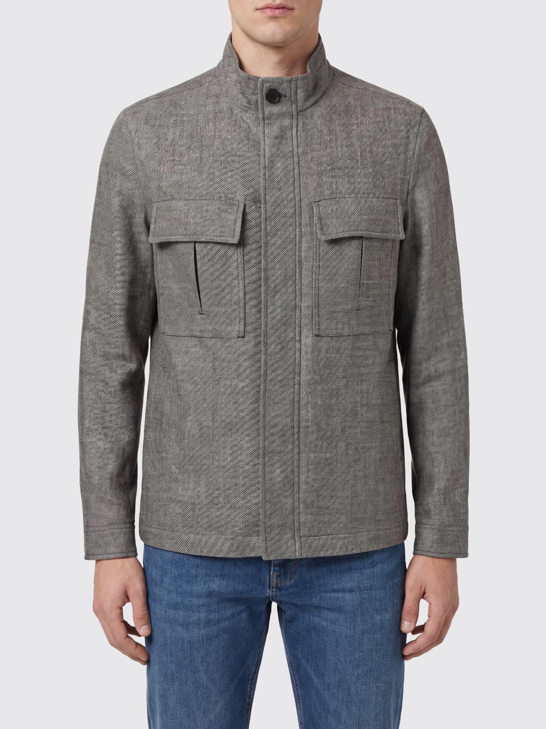 Zegna Lightweight Linen and Cashmere Jacket with High Neck and Concealed Closure