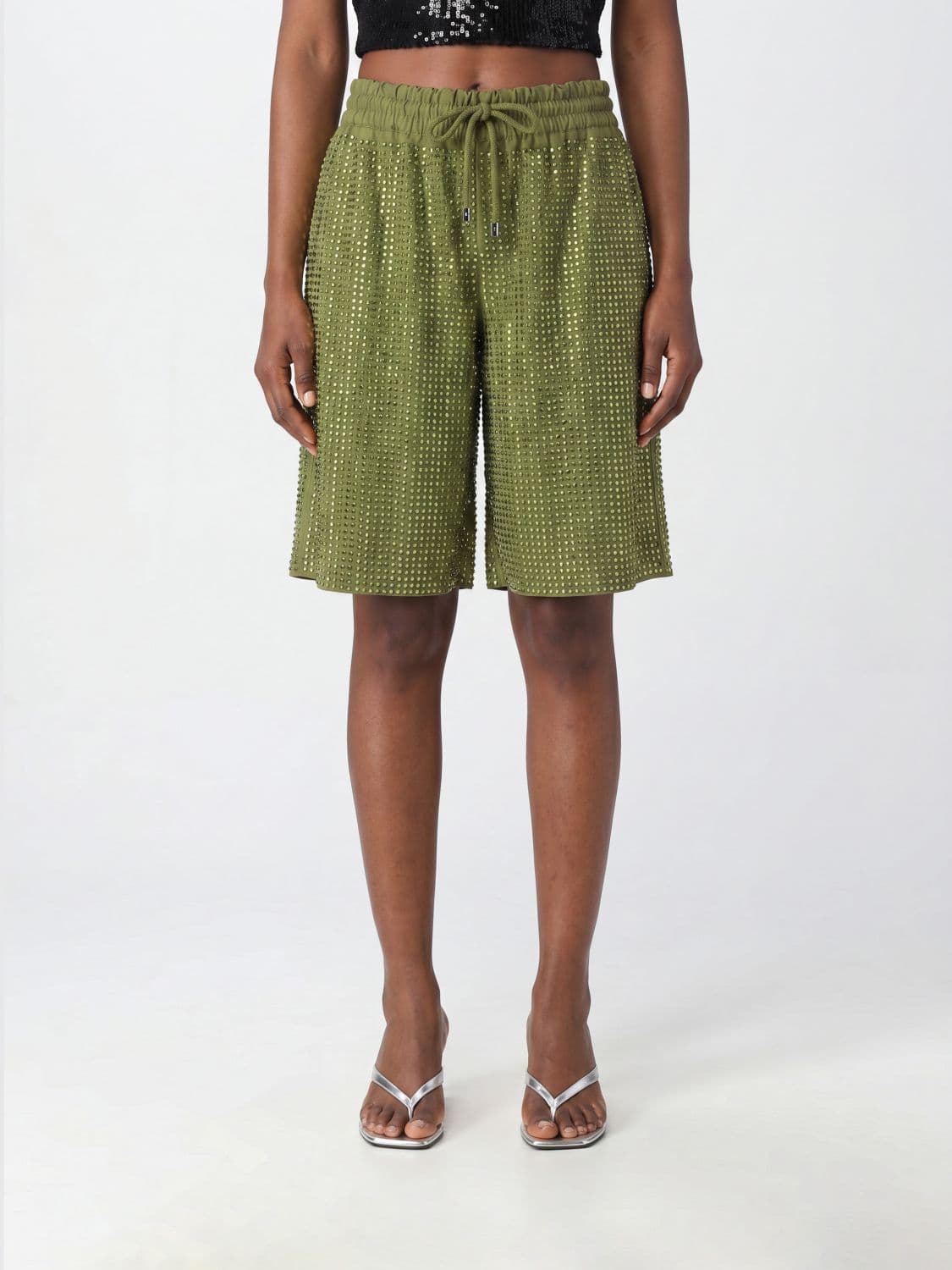 Venuja High-Waisted Knee-Length Shorts with Rhinestone Embroidery