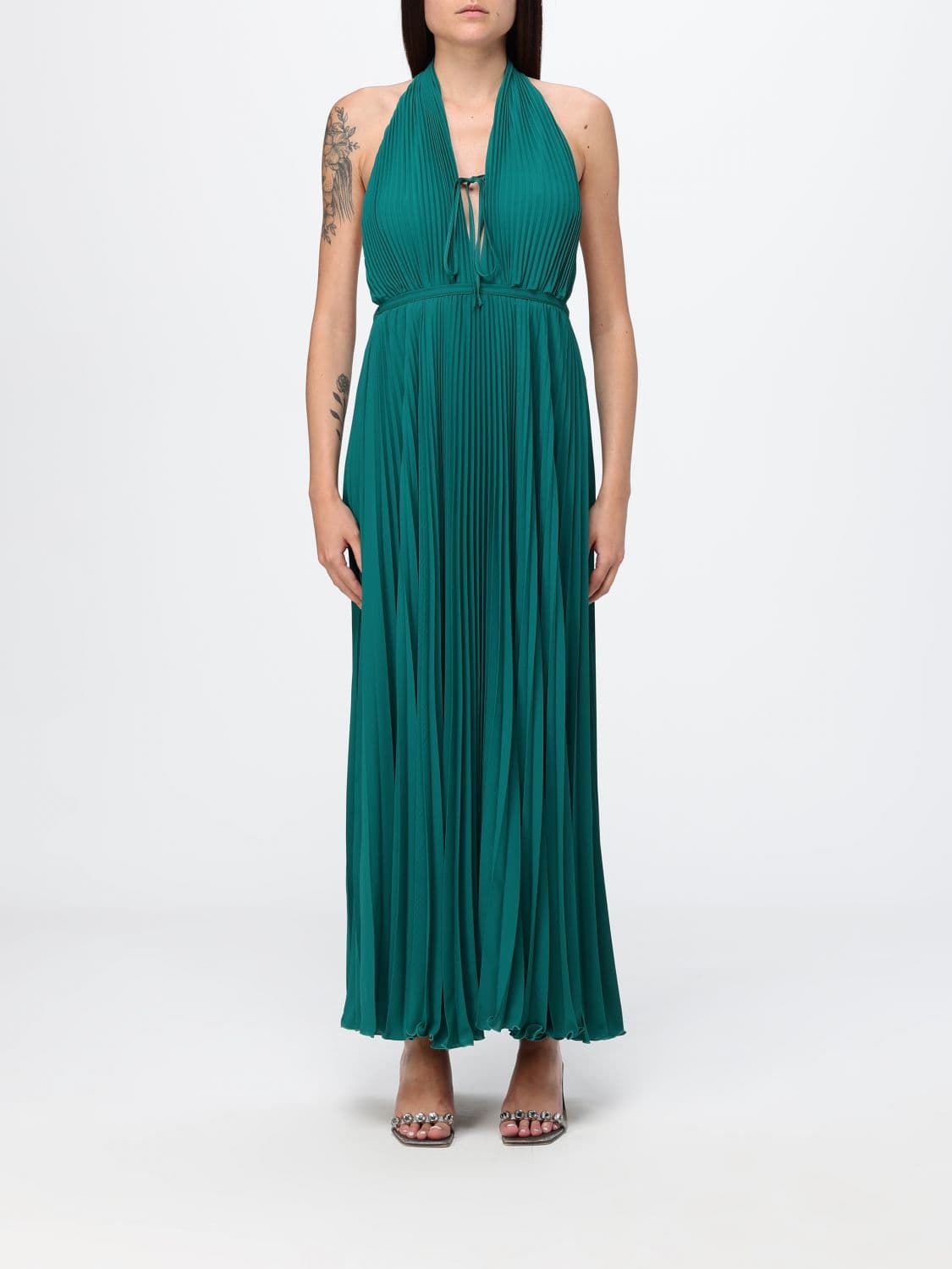 Raquel Diniz Raissa Pleated Crêpe Halterneck Long Gown