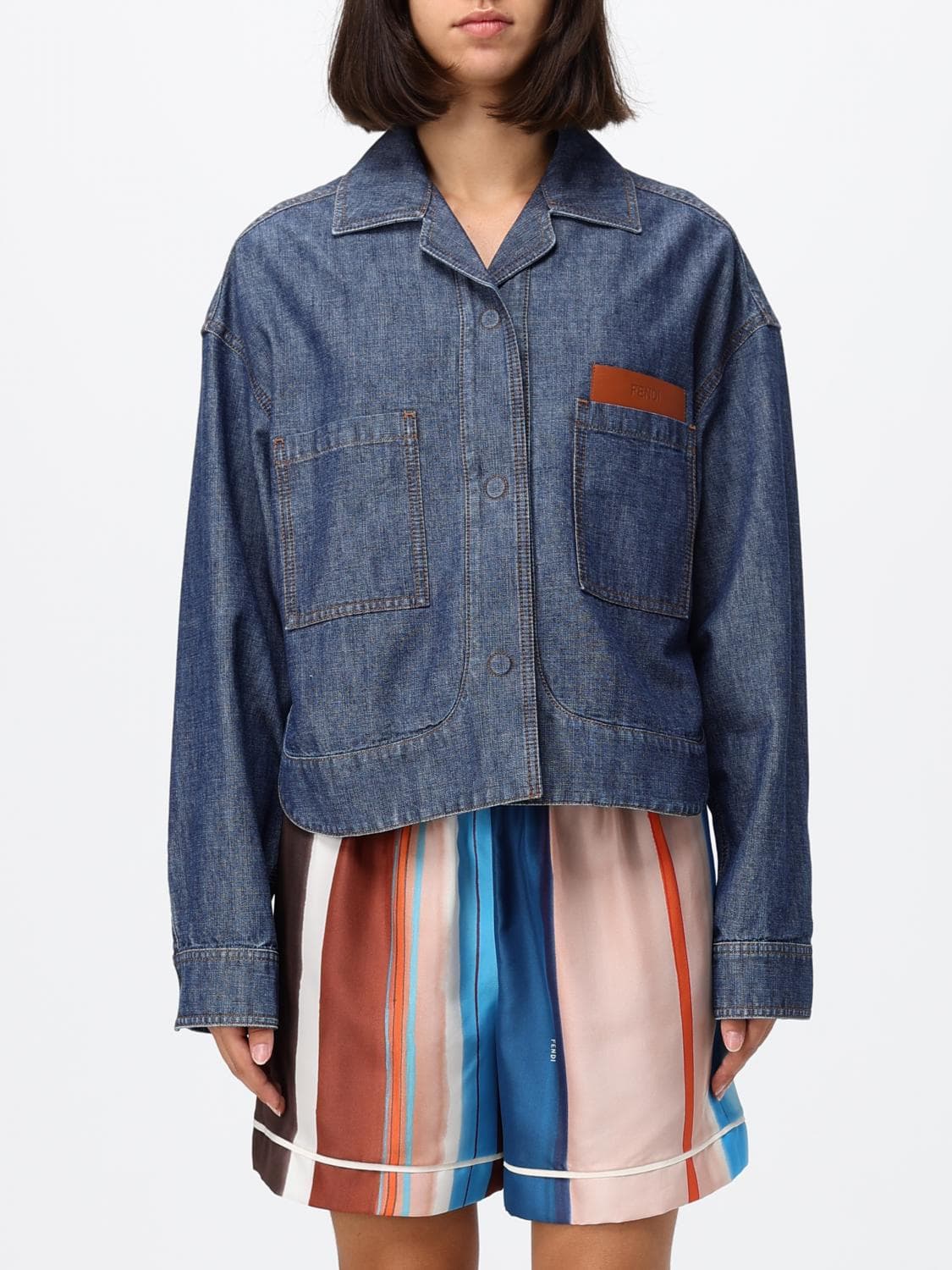 Fendi Cropped Shirt-Style Cotton Denim Jacket with Embossed Logo