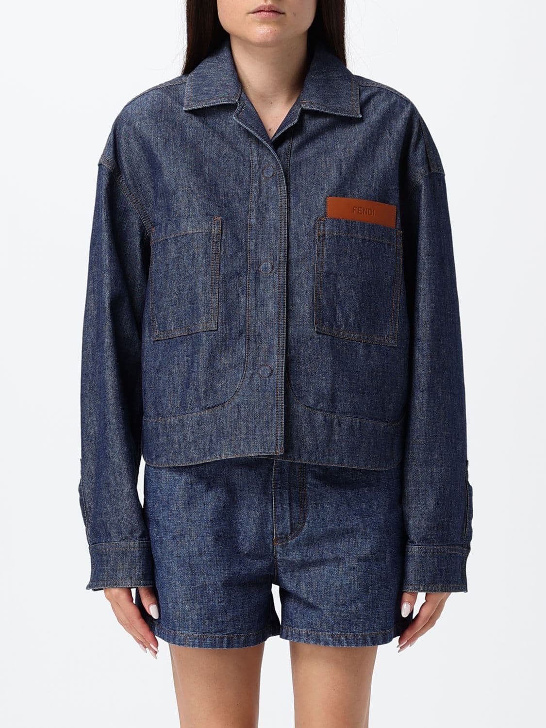 Fendi Cropped Shirt-Style Cotton Denim Jacket with Embossed Logo