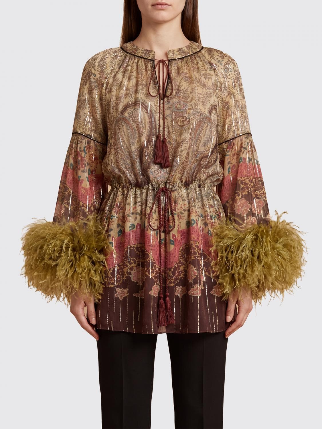 Valentino Paisley Print Silk Blouse with Ostrich Feather Cuffs · 42