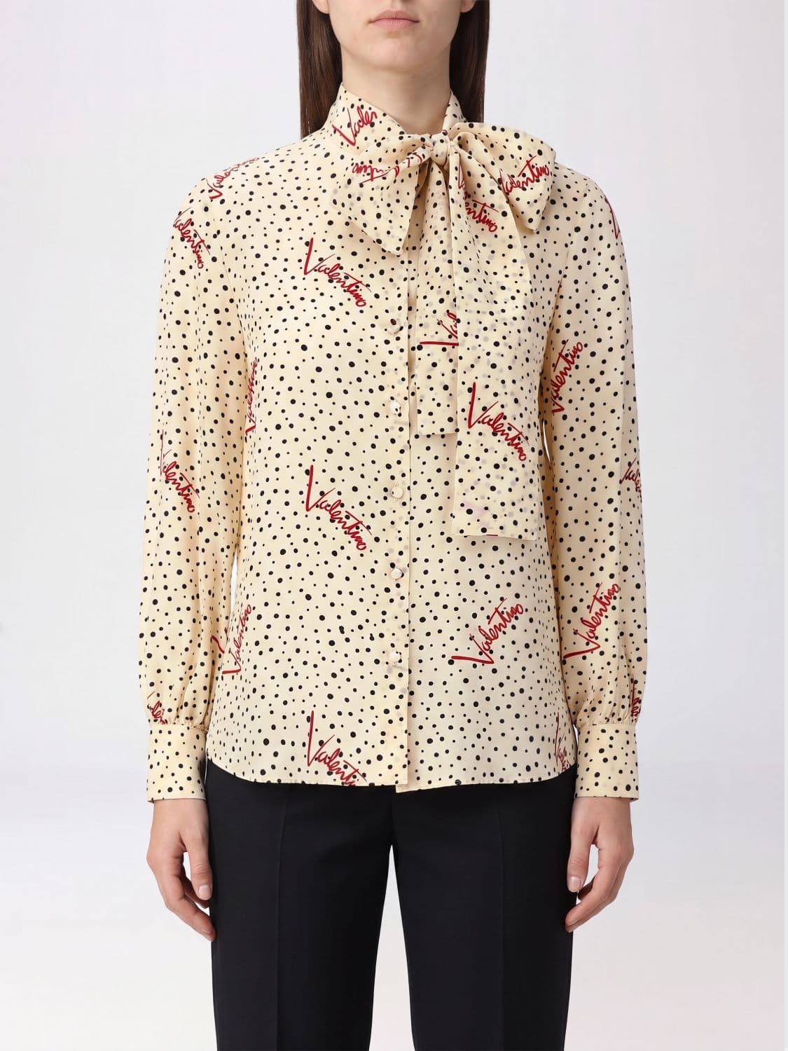 Valentino Garavani Polka-Dot Silk Blouse with Pussy-Bow and Balloon Sleeves