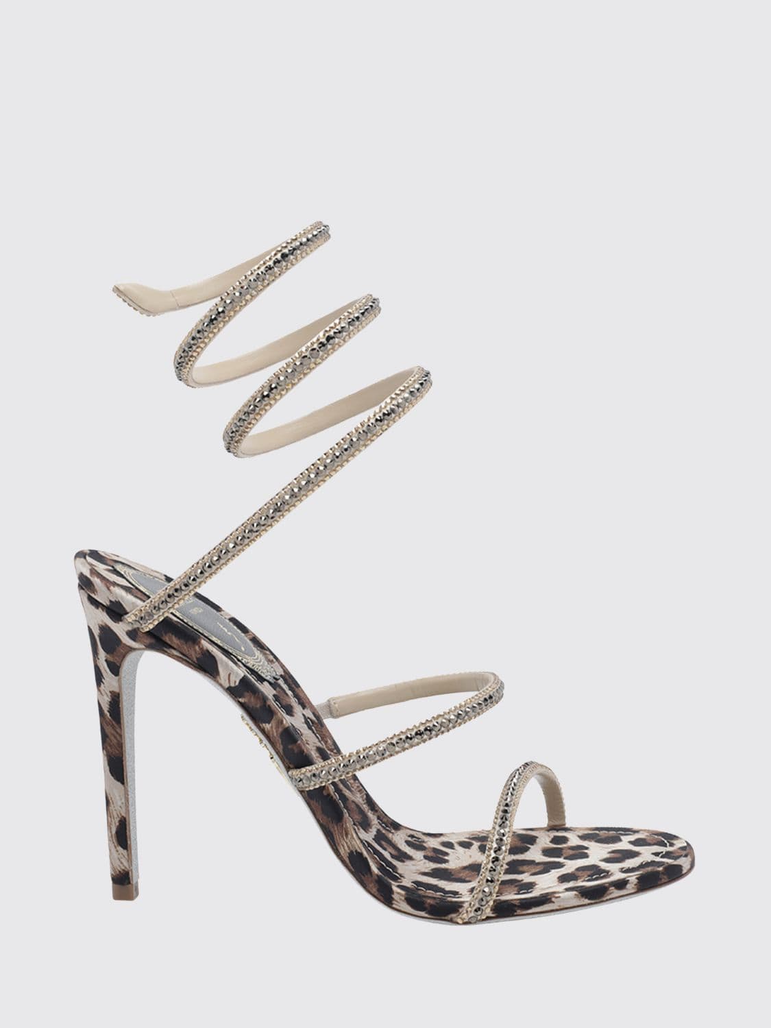 Rene Caovilla Cleo Animalier Print Satin Sandals with Snake Strap and Crystals