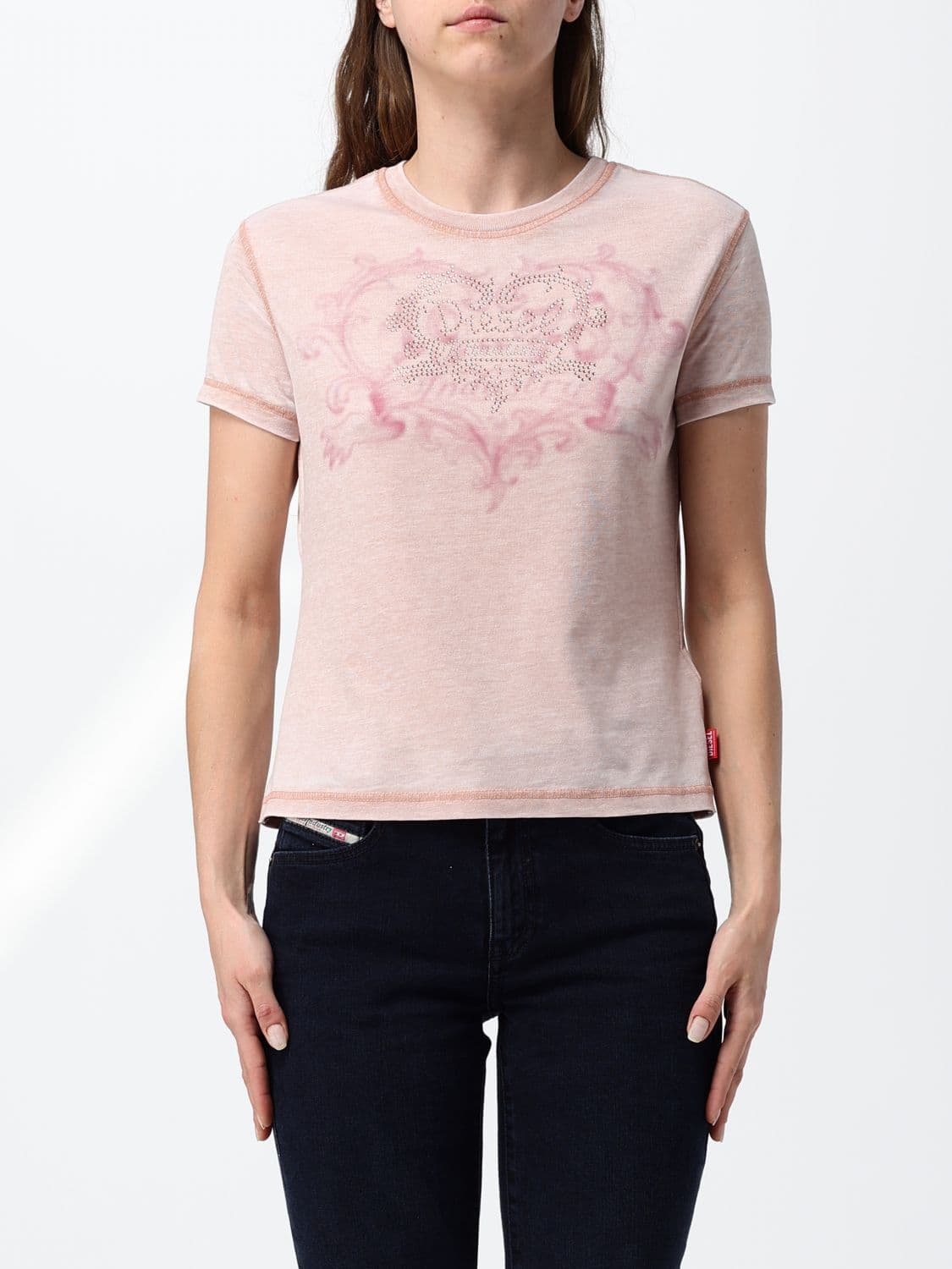 Diesel Slim Fit Cotton T-shirt with Front Rhinestone Logo