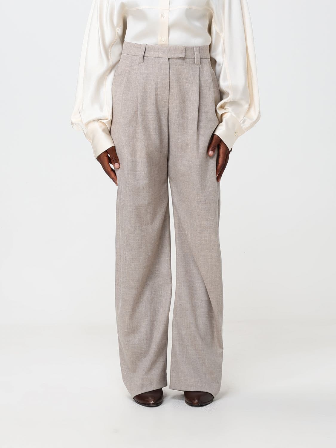Brunello Cucinelli High-Waisted Pleated Wool Wide-Leg Trousers with Monili · 42