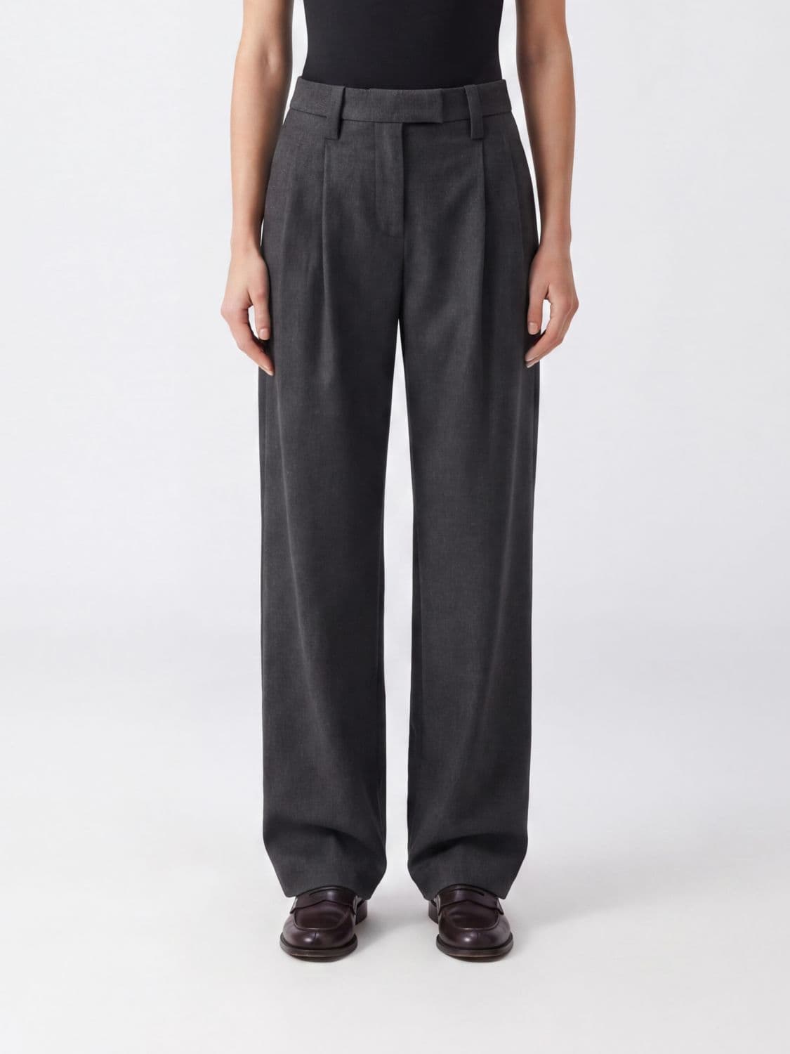 Brunello Cucinelli High-Waisted Pleated Wool Wide-Leg Trousers with Monili