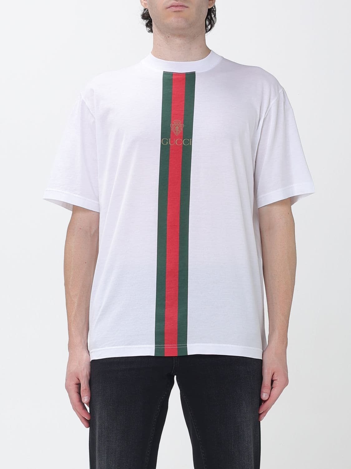 Gucci Striped Cotton T-Shirt with Web Detail and Dropped Shoulders