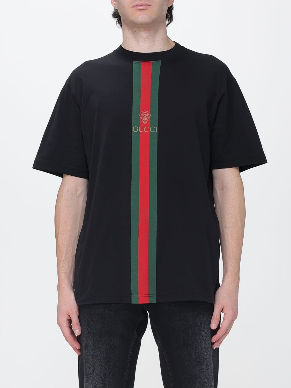 Gucci Striped Cotton T-Shirt with Web Detail and Dropped Shoulders