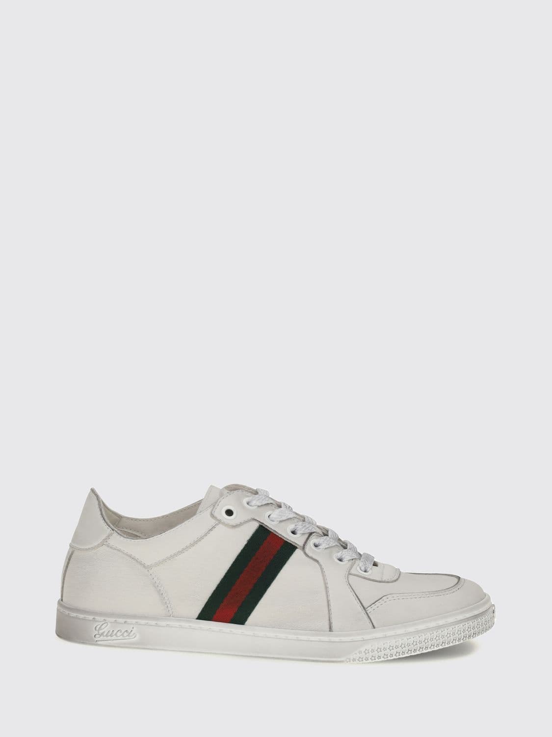 Gucci Stretch Leather Sneakers with Web Detail and Distressed Effect