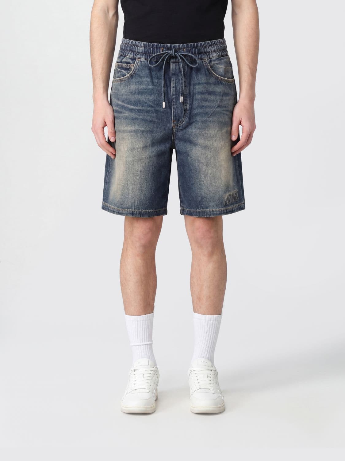 Amiri Knee-Length Cotton Denim Shorts with 5 Pockets and Drawstring Waist