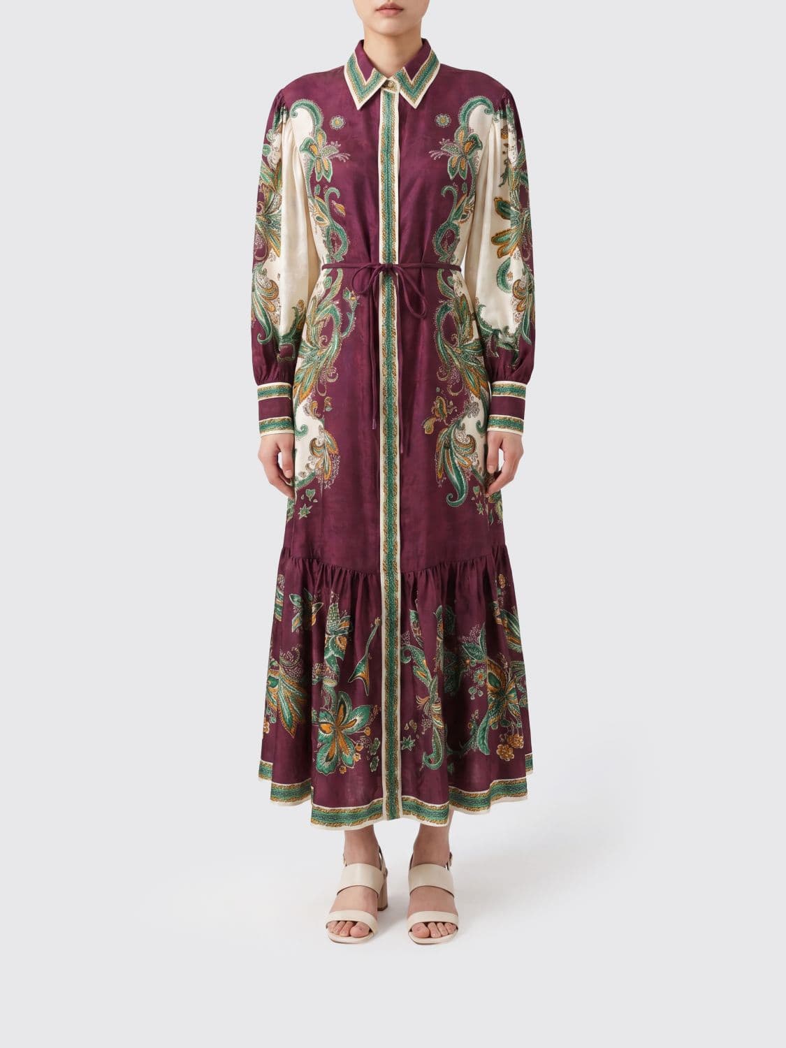 Alemais Long Silk-Blend Shirt Dress with Ethnic Print and Balloon Sleeves