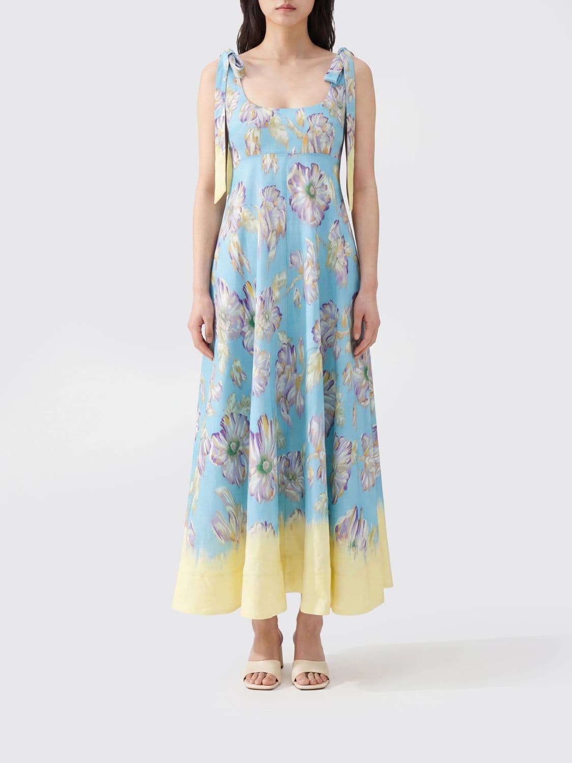 Alemais Floral Print Linen Long Dress with Tie Shoulders