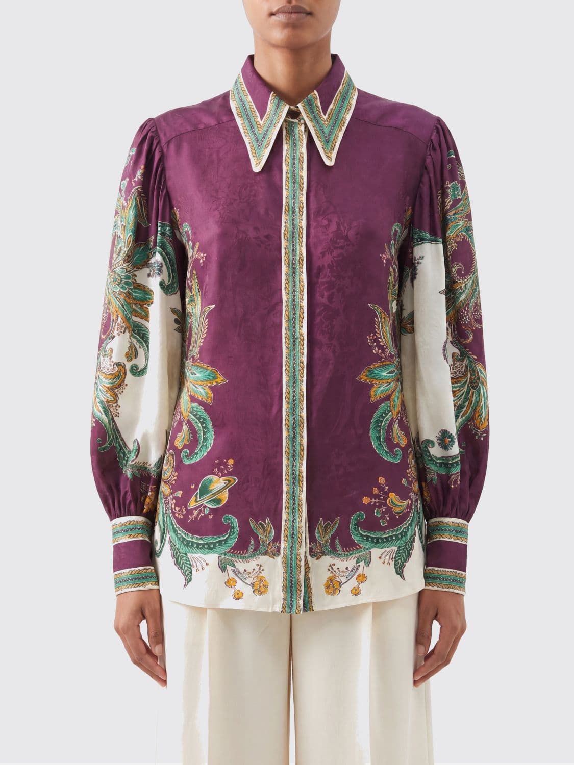 Alemais Slim Fit Silk-Blend Shirt with Ethnic Print and Balloon Sleeves