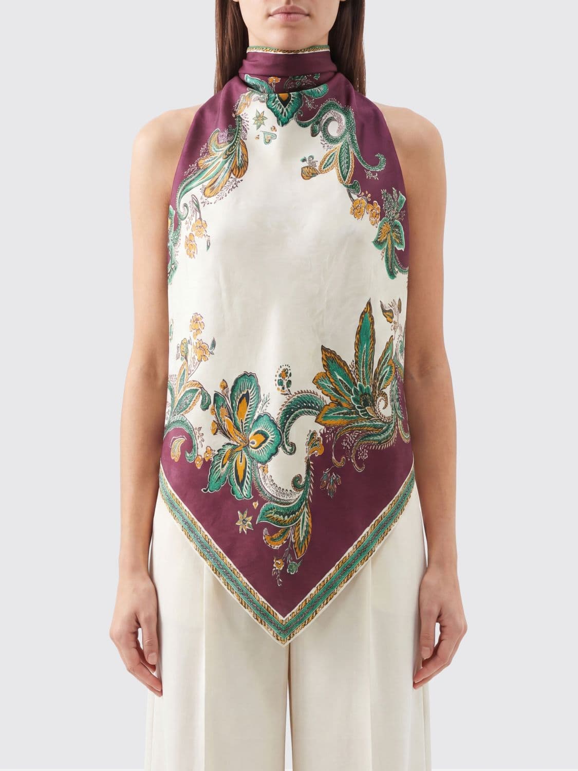 Alemais Silk-Blend Top with Ethnic Print and Scarf Neck