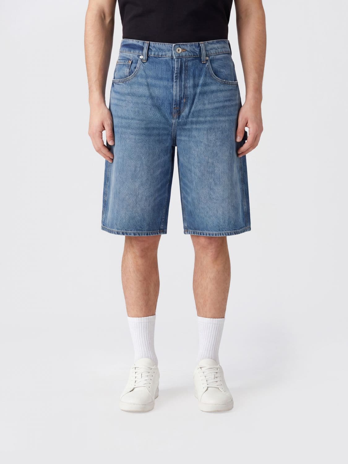 7 For All Mankind Knee-Length Five-Pocket Cotton Denim Shorts with Button Fly