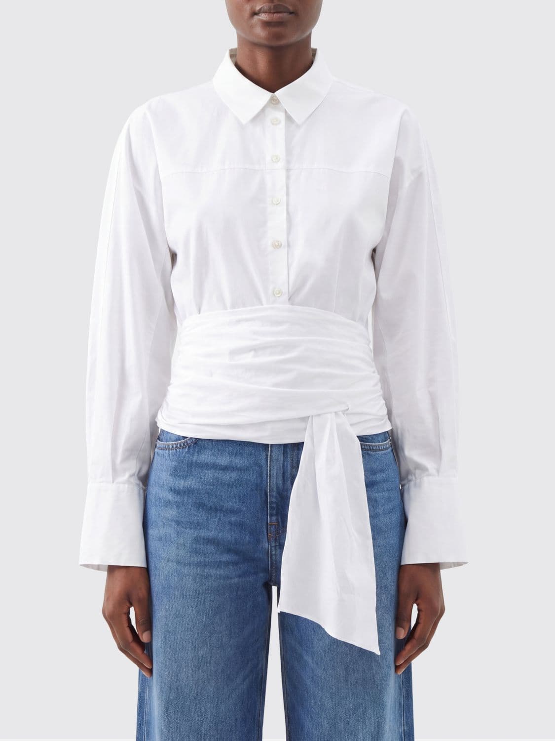 7 For All Mankind Slim Fit Cotton Shirt with Tie-Front and Balloon Sleeves