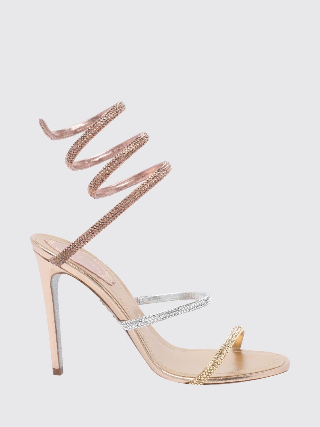 Rene Caovilla Cleo Laminated Fabric Sandals with Rhinestones and Snake Strap