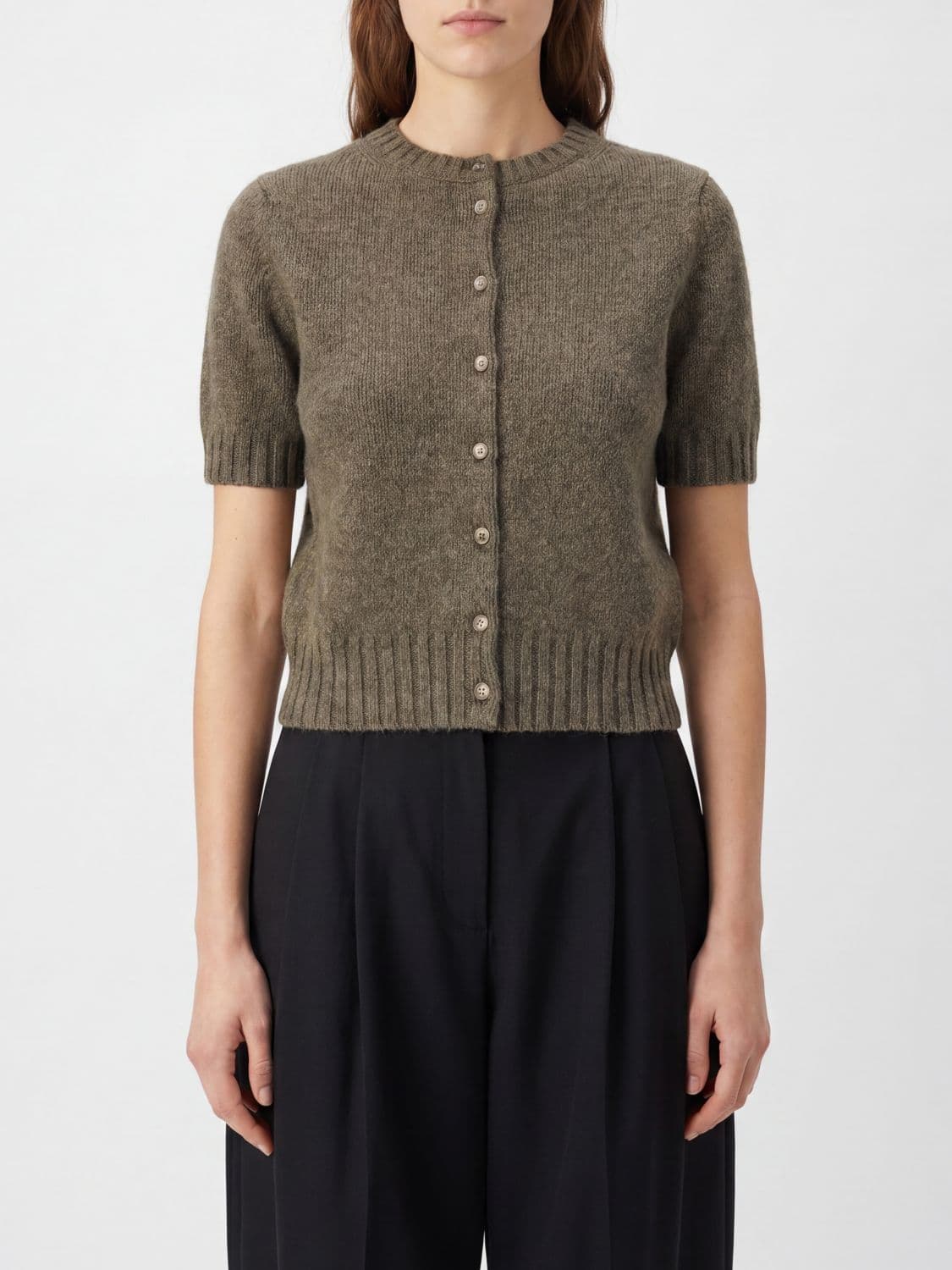 Khaite Short-Sleeved Pure Cashmere Cardigan with Crew Neck