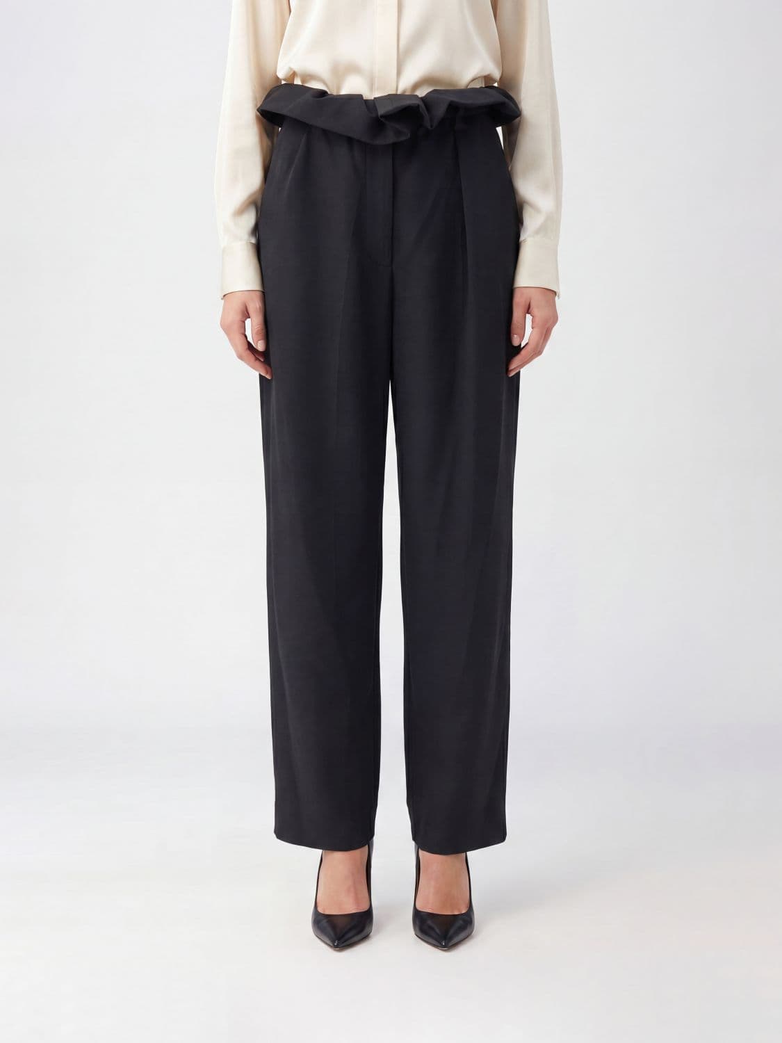 Khaite Straight Merino Wool Trousers with Ruched Waist and Back Closure