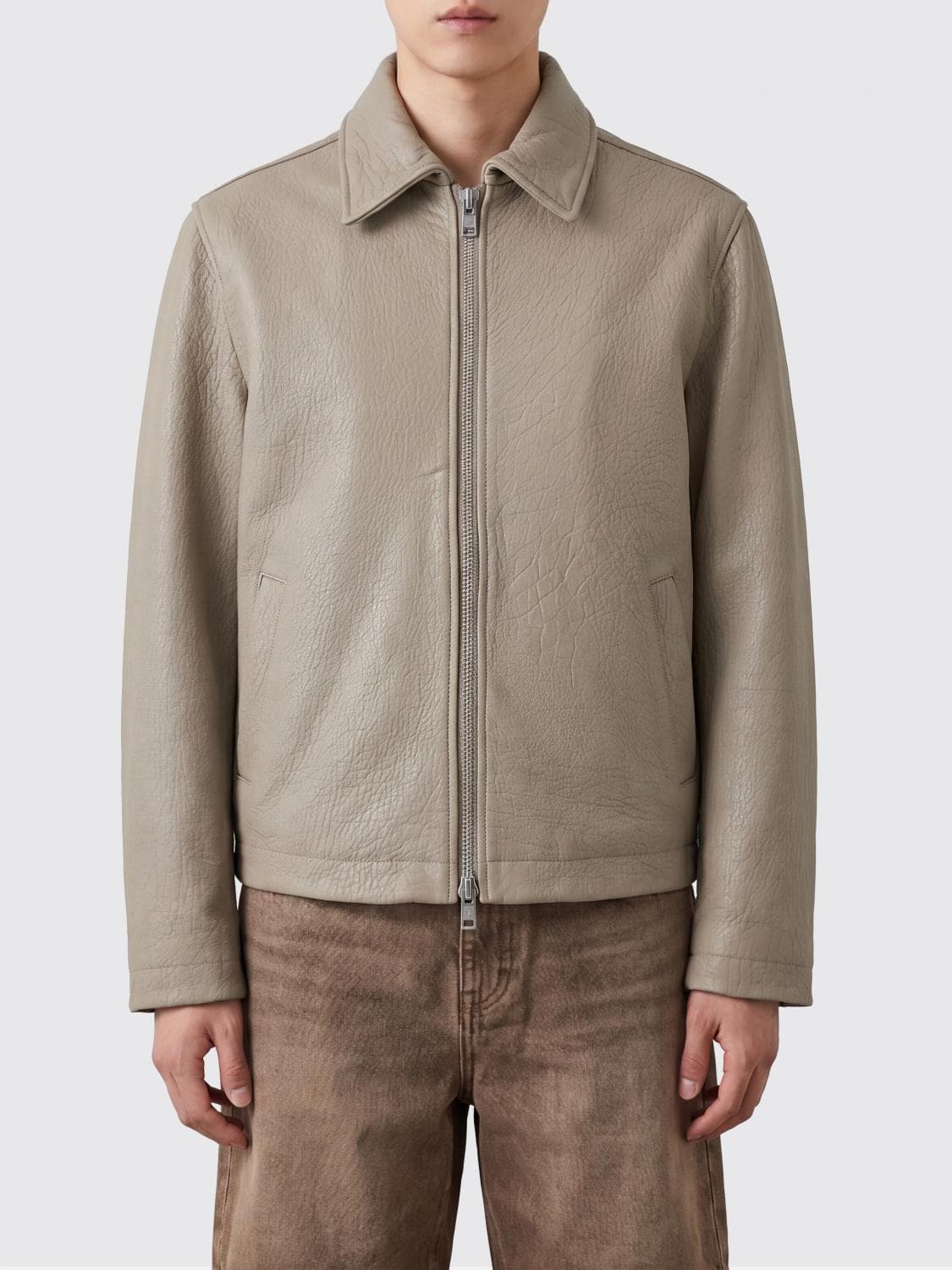 Sunflower Leather Shirt Jacket with Classic Collar and Zip Closure