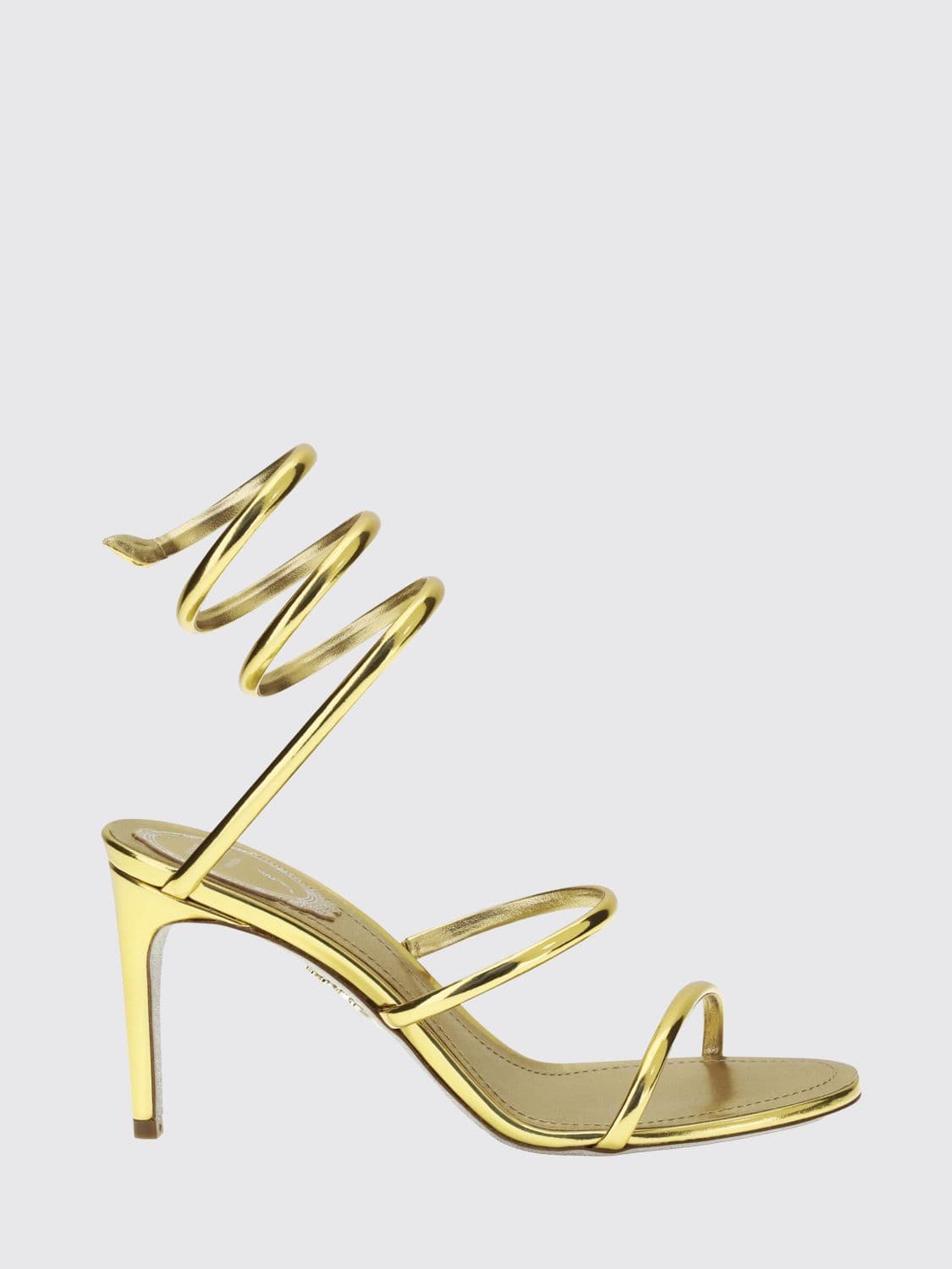 Rene Caovilla Heeled Sandals in Laminated Leather with Snake Ankle Strap · 36