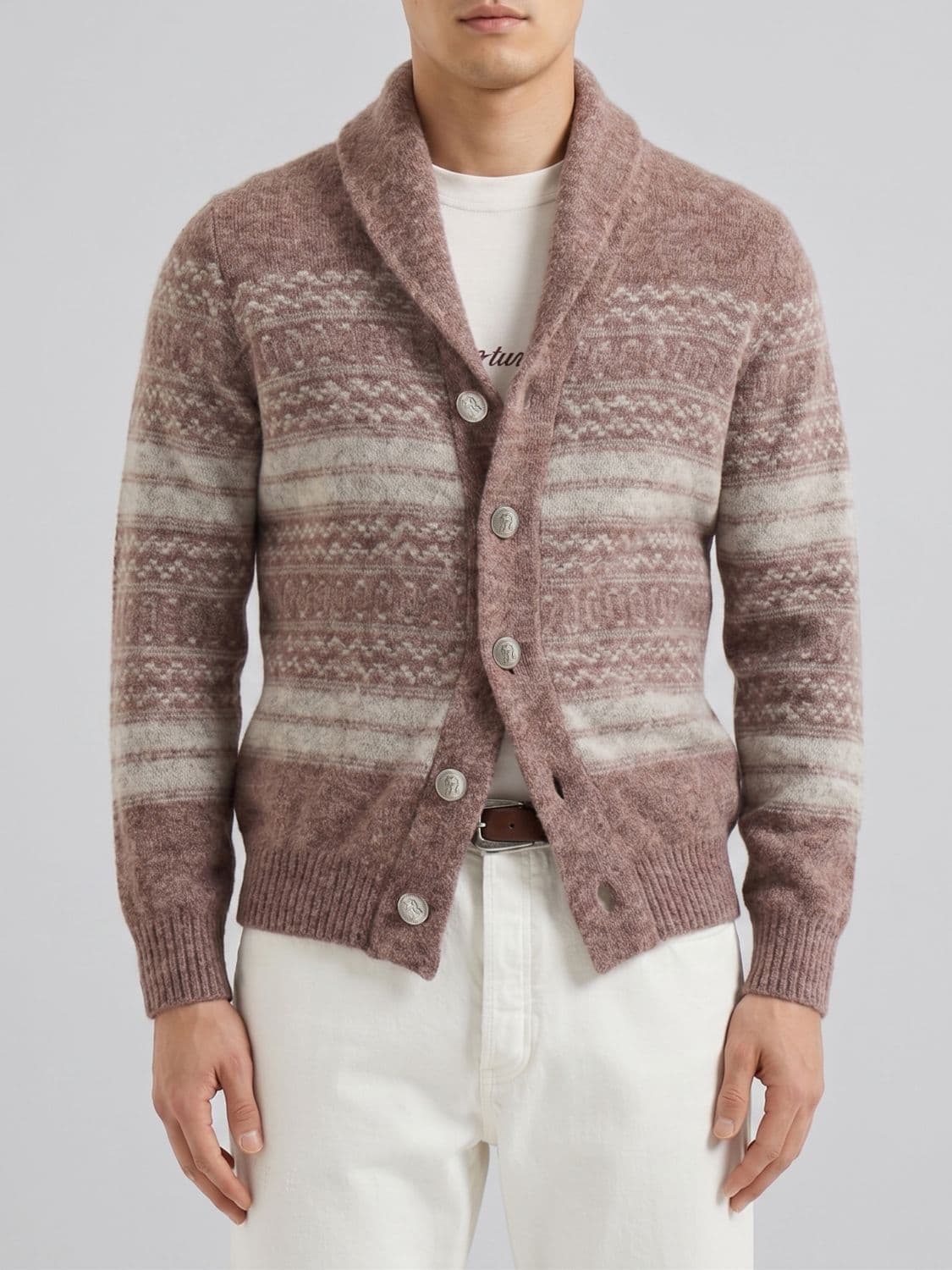 Brunello Cucinelli Striped Alpaca Wool Blend Cardigan with Shawl Collar
