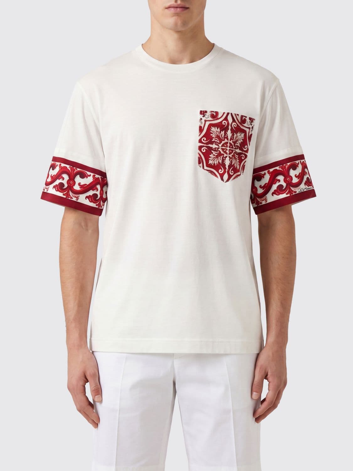 Dolce & Gabbana Cotton and Silk T-Shirt with Majolica Print and Contrast Trim