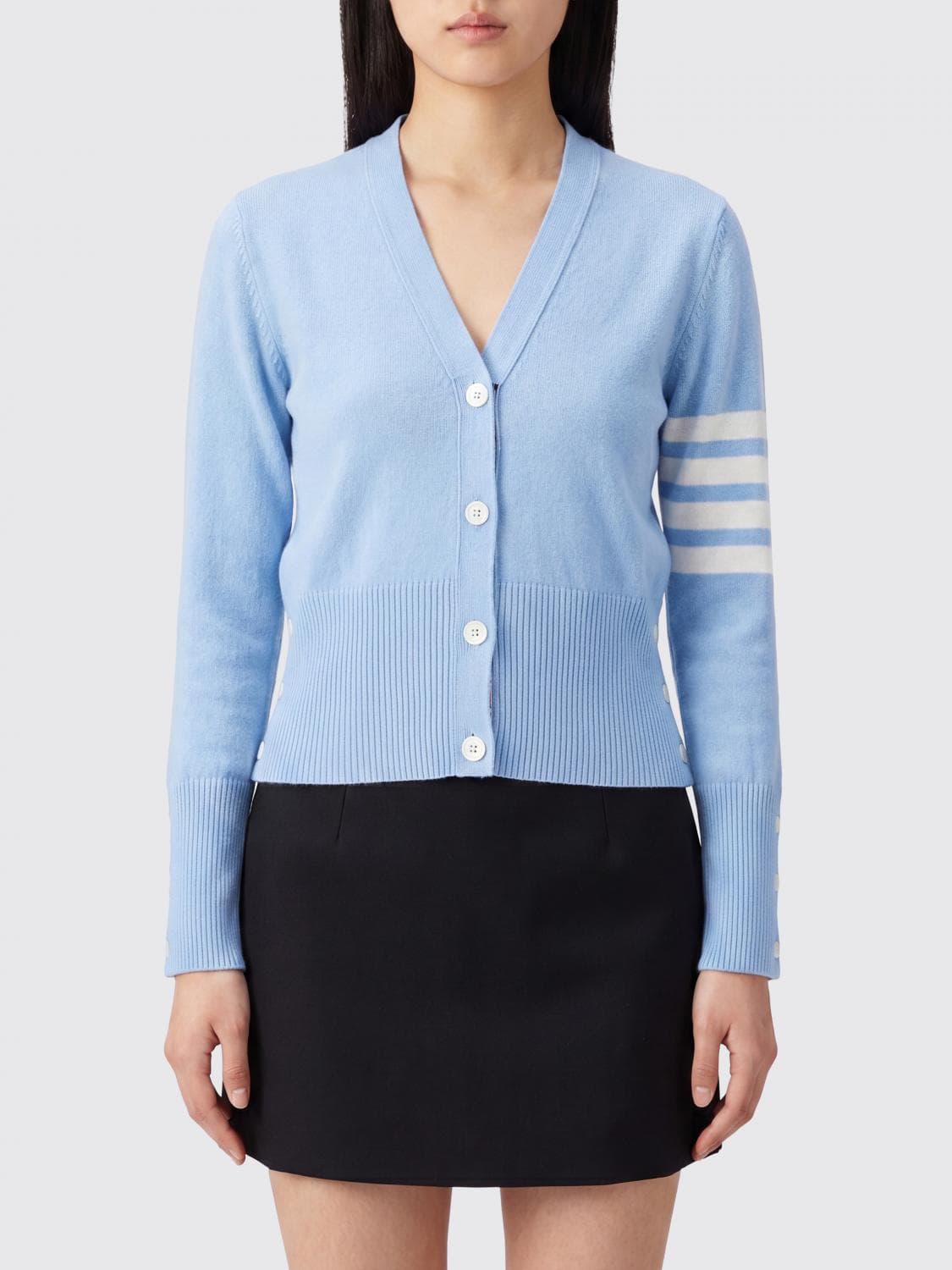 Thom Browne V-Neck 100% Cashmere Cardigan with 4-Bar Detail · 44