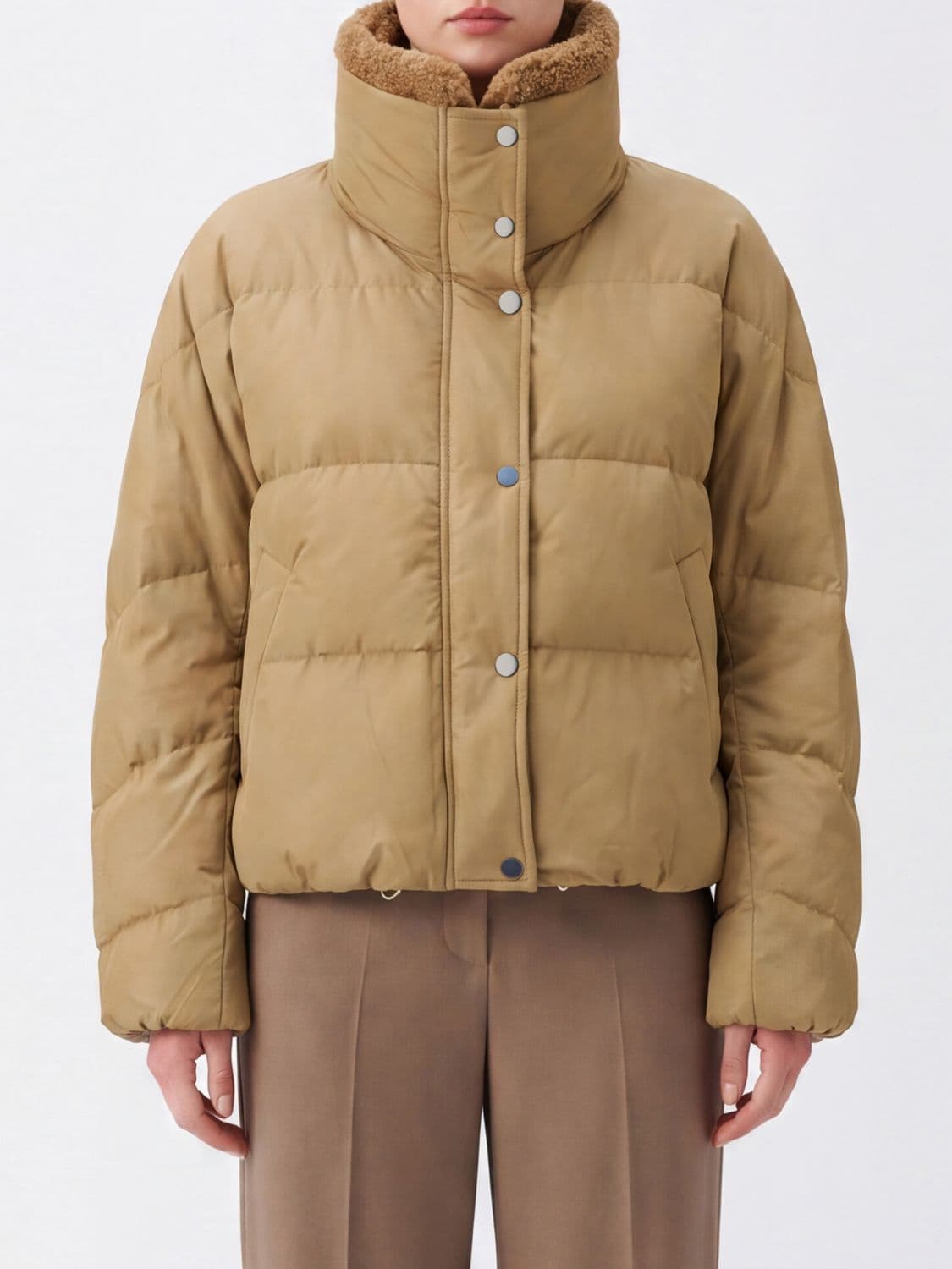 Brunello Cucinelli Short Quilted Down Jacket in Cotton with Fur Collar