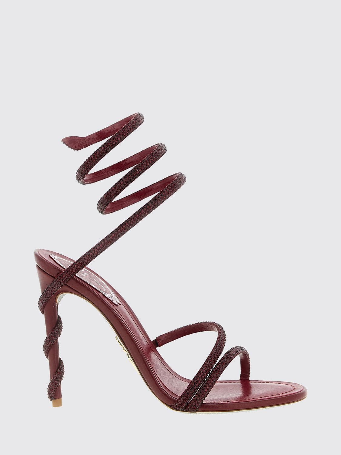 Rene Caovilla Margot High-Heeled Satin Sandals with Snake Strap and Rhinestones