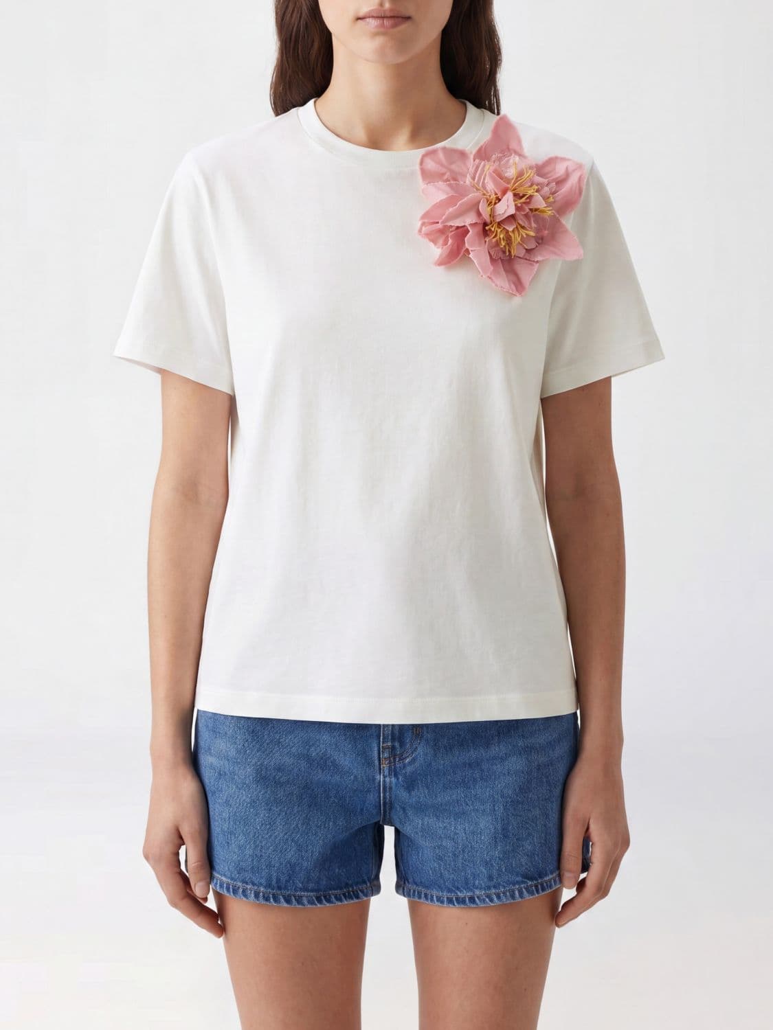 Tory Burch Floral Embroidered Cotton T-shirt with Flower Appliqué