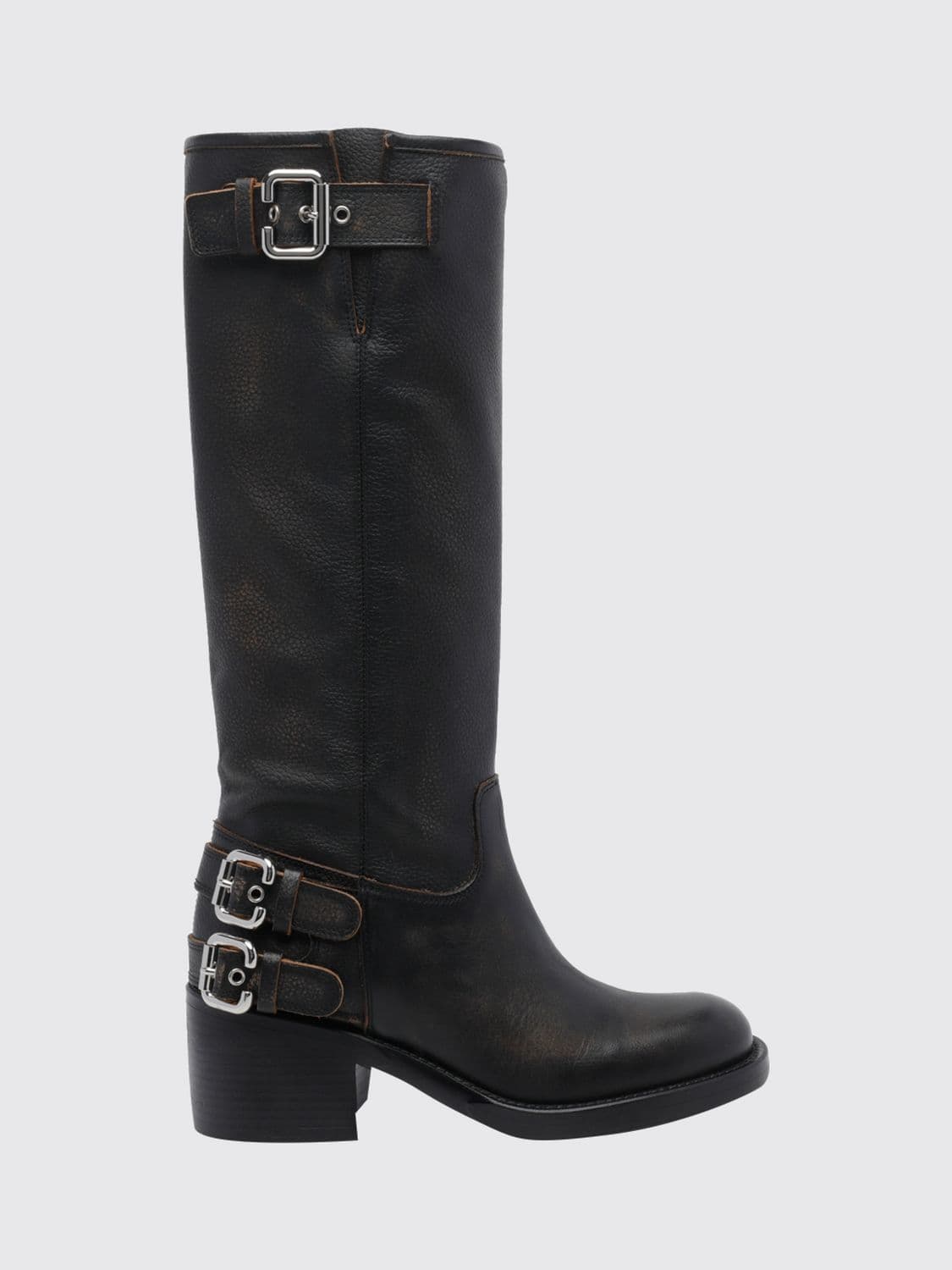 Chloé Dakota Grained Calfskin Knee-High Biker Boots with Straps