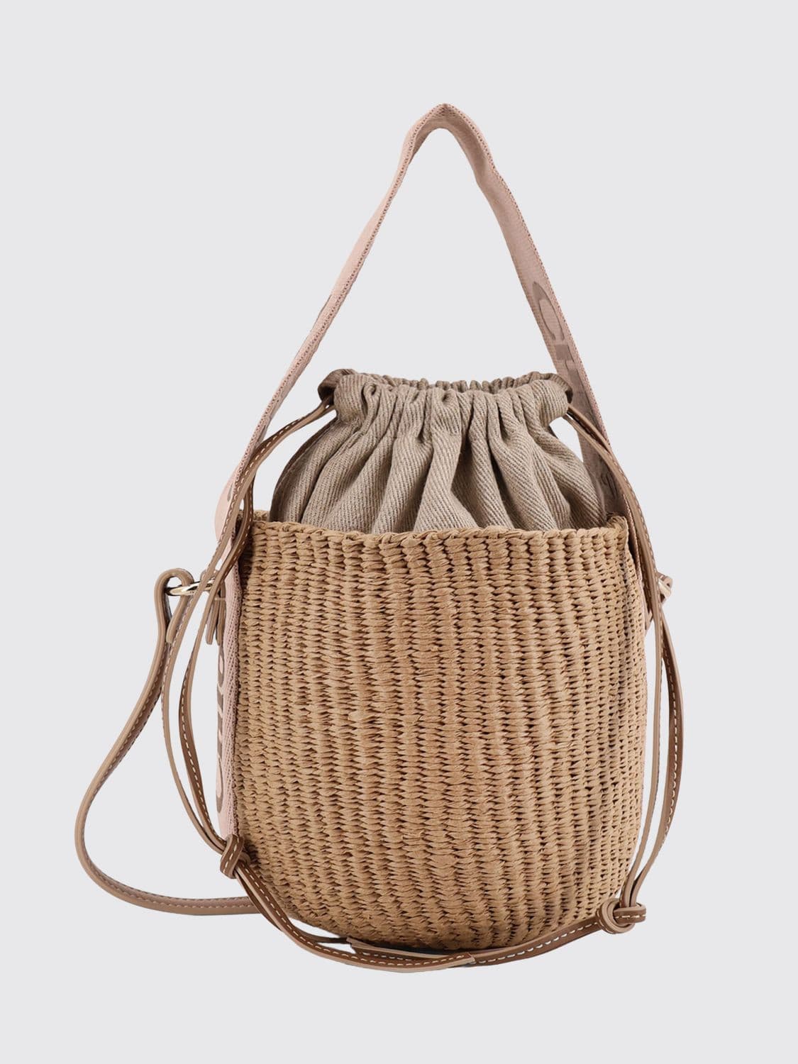 Chloé Woody Mini Bucket Bag in Raffia with Jacquard Logo