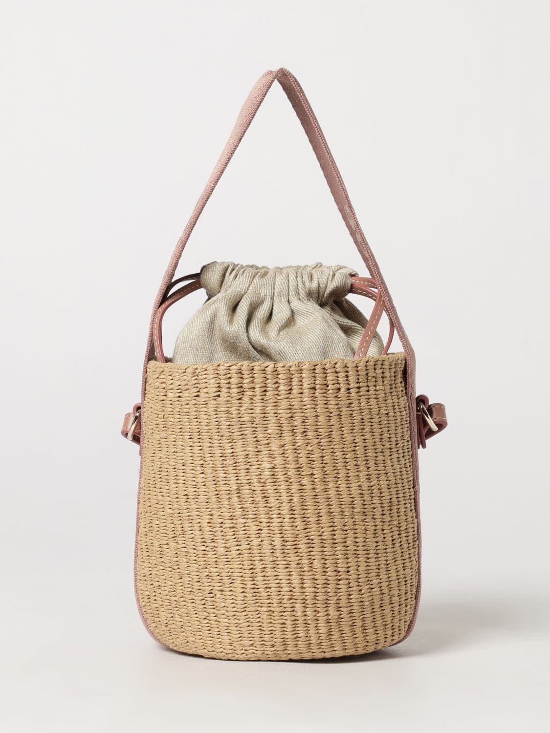 Chloé Woody Mini Bucket Bag in Raffia with Jacquard Logo