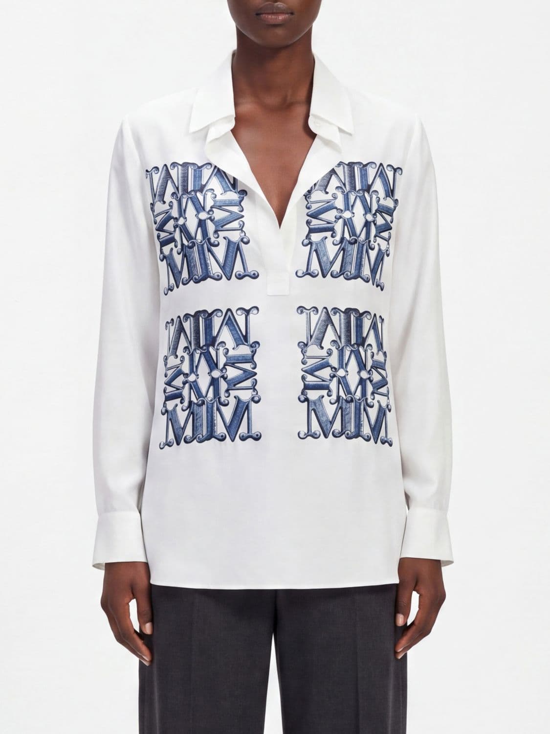 Max Mara Monogram Print Silk Shirt with Classic Collar