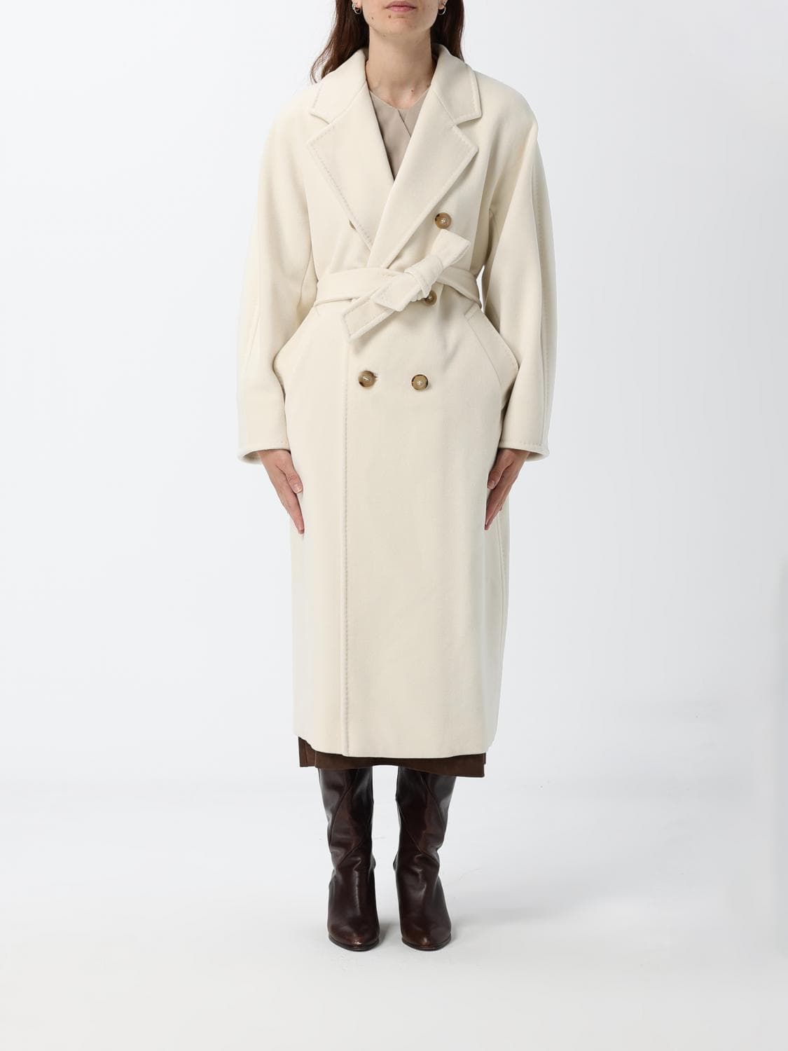 Max Mara Madame Double-Breasted Long Wool Coat with Belt