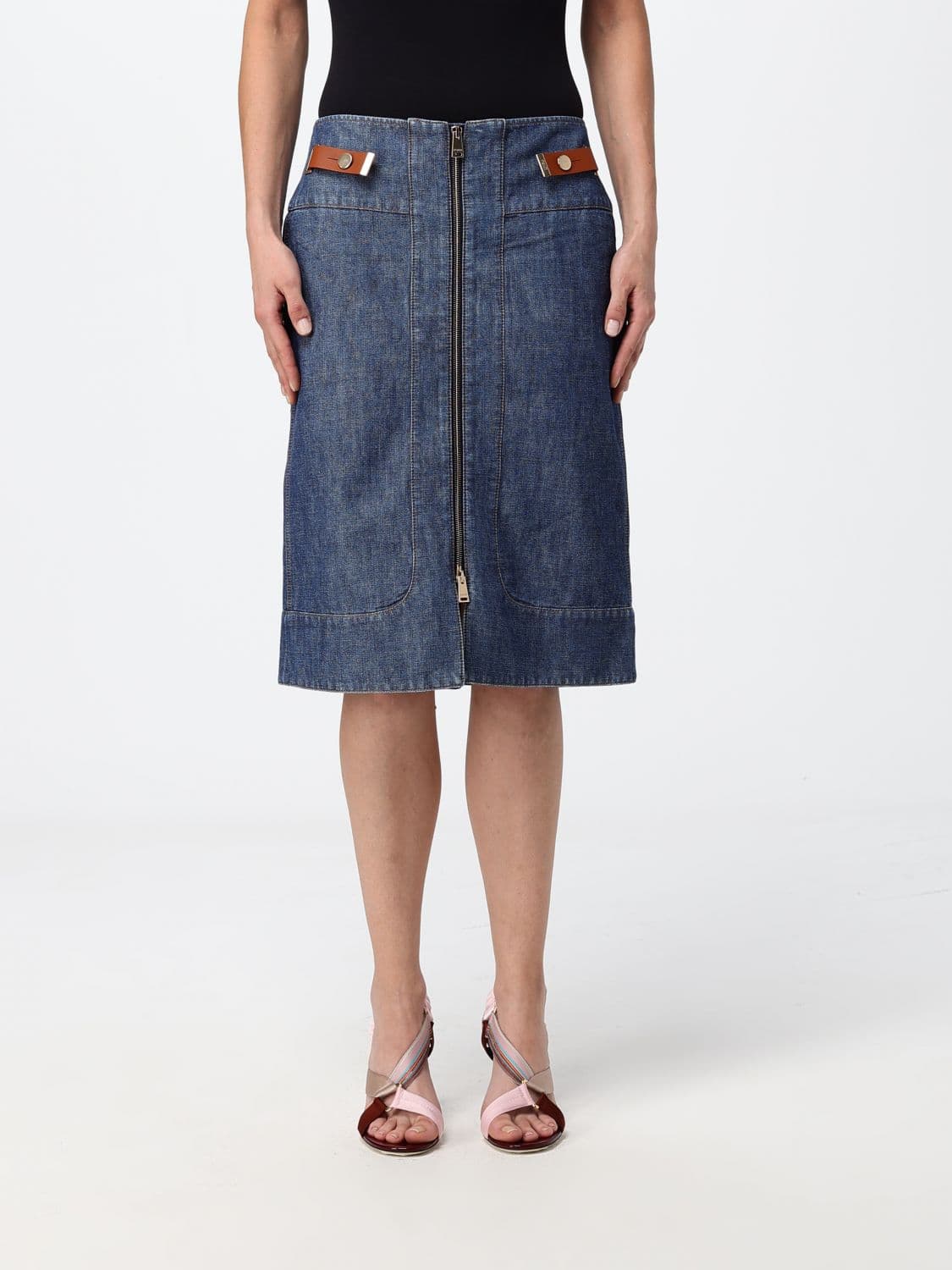 Fendi Two-Way Zip Cotton Denim Pencil Midi Skirt